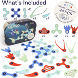 A box for an ocean creatures building toy set surrounded by 24 colorful, flexible magnetic pieces.