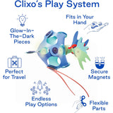 Diagram showing Clixo Play System features around a magnetic fish toy, including glow pieces and travel size.