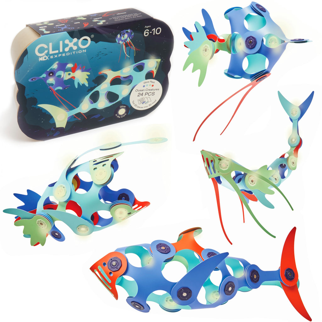 Box labeled "Clixo Ocean Creatures" with colorful, flexible pieces forming sea animals. Ideal for ages 6-10, promoting creativity and play.