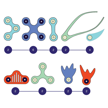 An inventory chart of colorful flexible magnetic building pieces with quantity numbers below each shape.