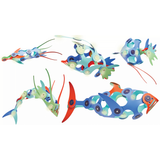 Five colorful sea creatures constructed from flexible magnetic toy pieces on a white background.