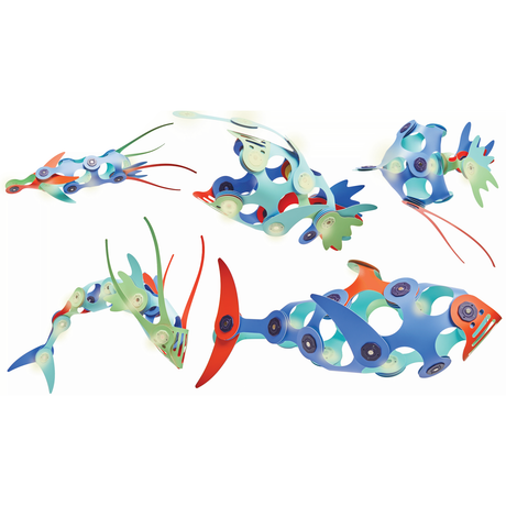 Five colorful sea creatures constructed from flexible magnetic toy pieces on a white background.