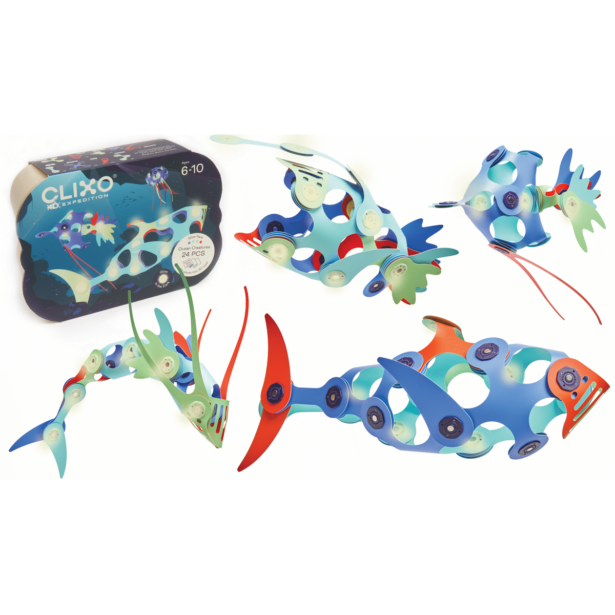 Clixo Ocean Creatures toy box alongside four built 3D colorful magnetic sea creature models.