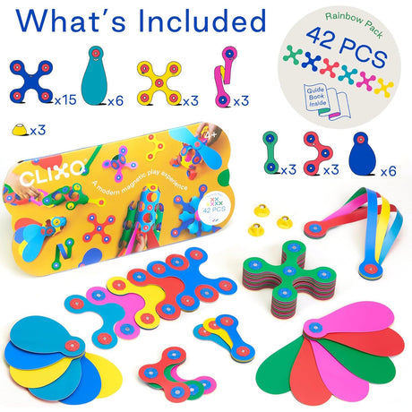 Product box and 42 colorful flexible magnetic toy pieces laid out with piece counts.