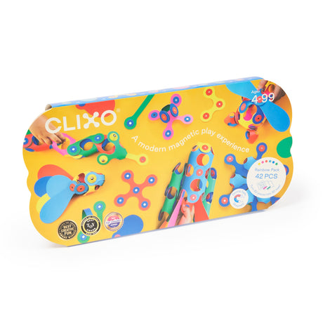 Yellow packaging box for the Clixo Rainbow Pack, displaying colorful magnetic play pieces and build ideas.