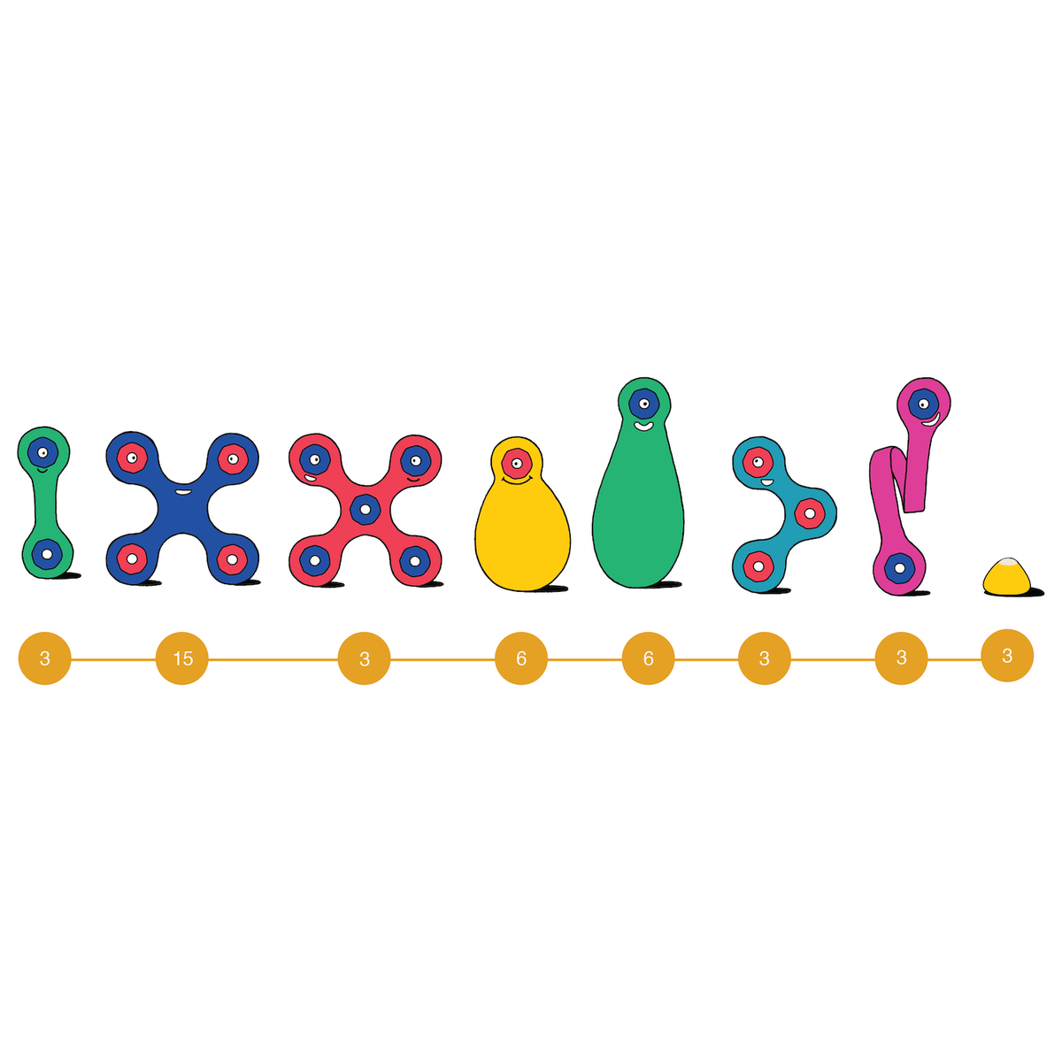 Graphic illustration of various colorful magnetic Clixo pieces with quantities listed in circles underneath.