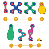 Illustrated grid of colorful Clixo toy pieces with quantity numbers beneath each item type.