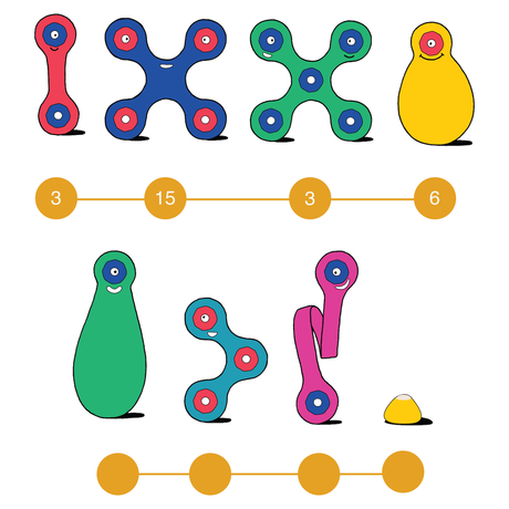Illustrated grid of colorful Clixo toy pieces with quantity numbers beneath each item type.