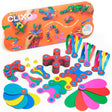 Clixo Super Rainbow Pack box next to neatly arranged colorful flexible magnetic building pieces.