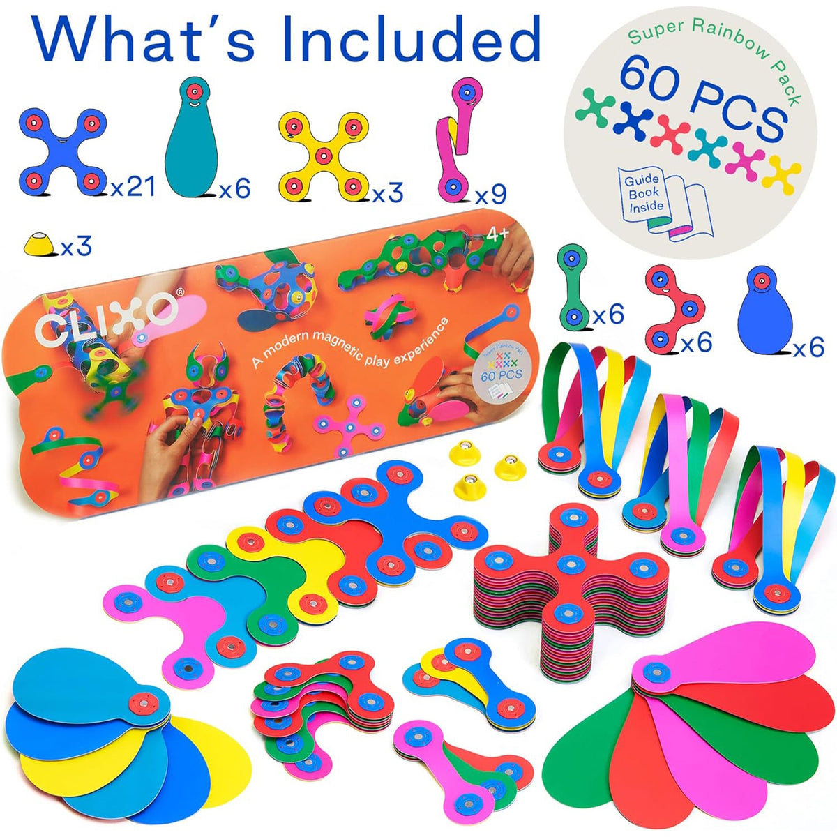 Product box and 60 colorful flexible magnetic toy pieces laid out with piece counts.