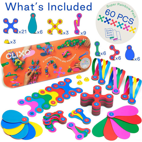Product box and 60 colorful flexible magnetic toy pieces laid out with piece counts.