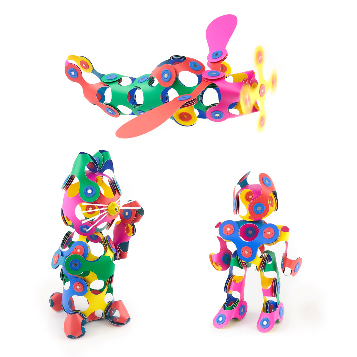 Three rainbow-colored figures, an airplane, a cat, and a robot, built with flexible Clixo magnetic pieces.