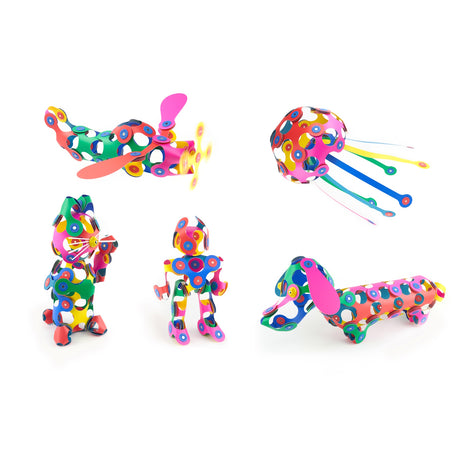 Five creative 3D figures, including a plane, jellyfish, cat, robot, and dog, constructed from colorful Clixo magnetic pieces.