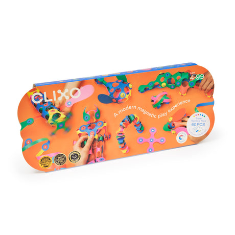 Bright orange Clixo Super Rainbow Pack box displaying various colorful flexible magnetic creations.