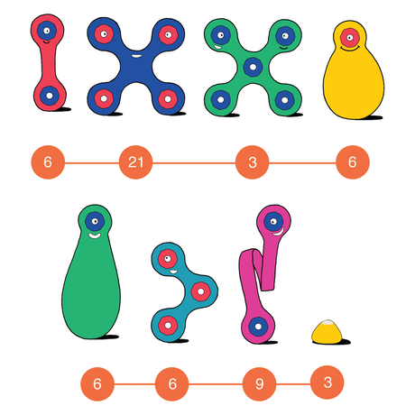 An illustration of various colorful magnetic toy pieces with smileys and piece counts listed in orange circles below.