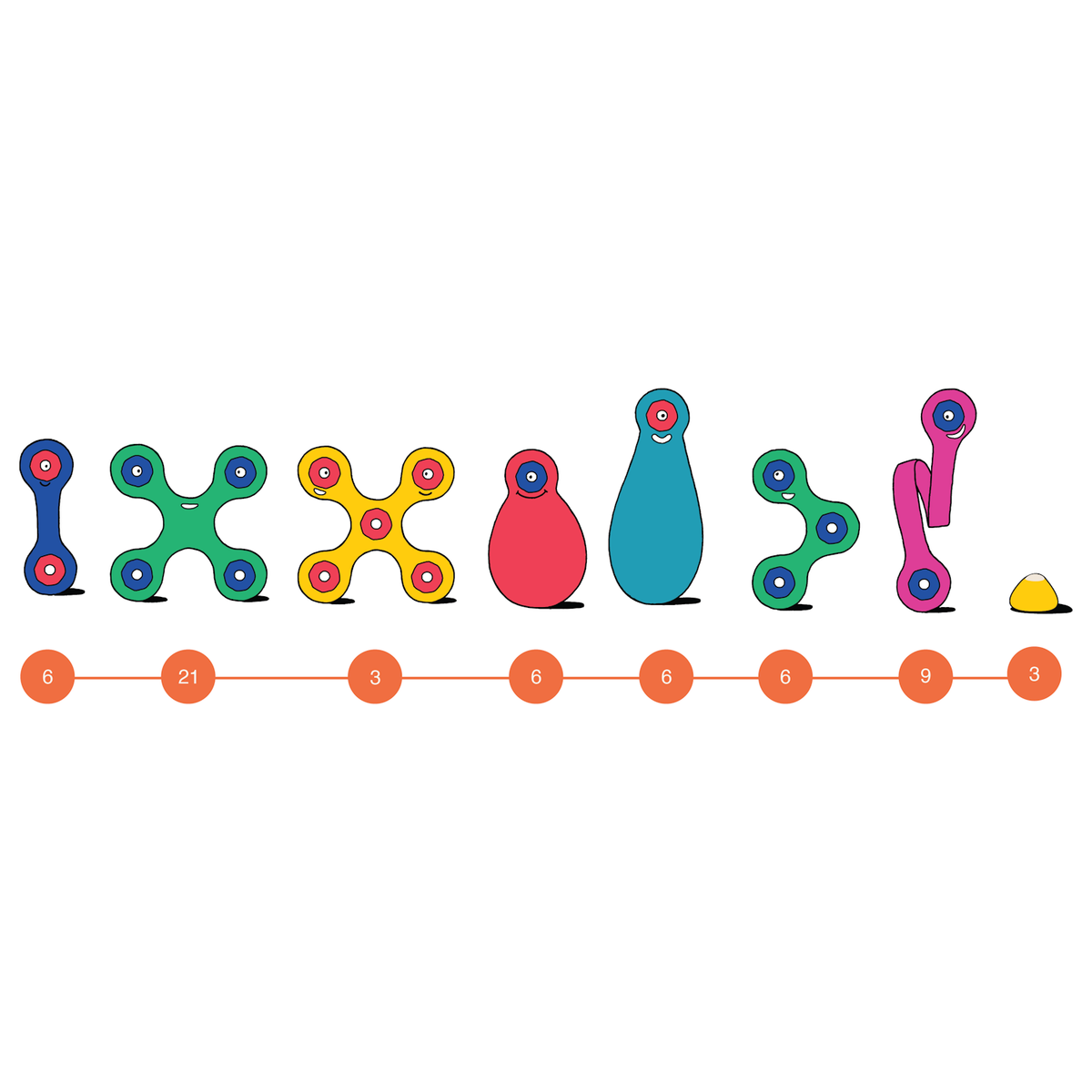 Illustration of colorful magnetic toy shapes with numbers below showing piece counts.