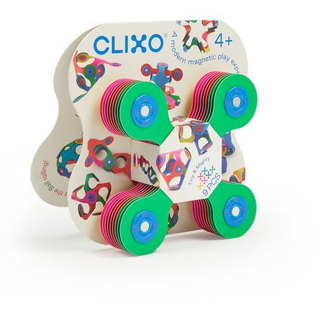 Clixo Tiny & Mighty 9-piece magnetic play set packaging displaying colourful flexible building pieces.
