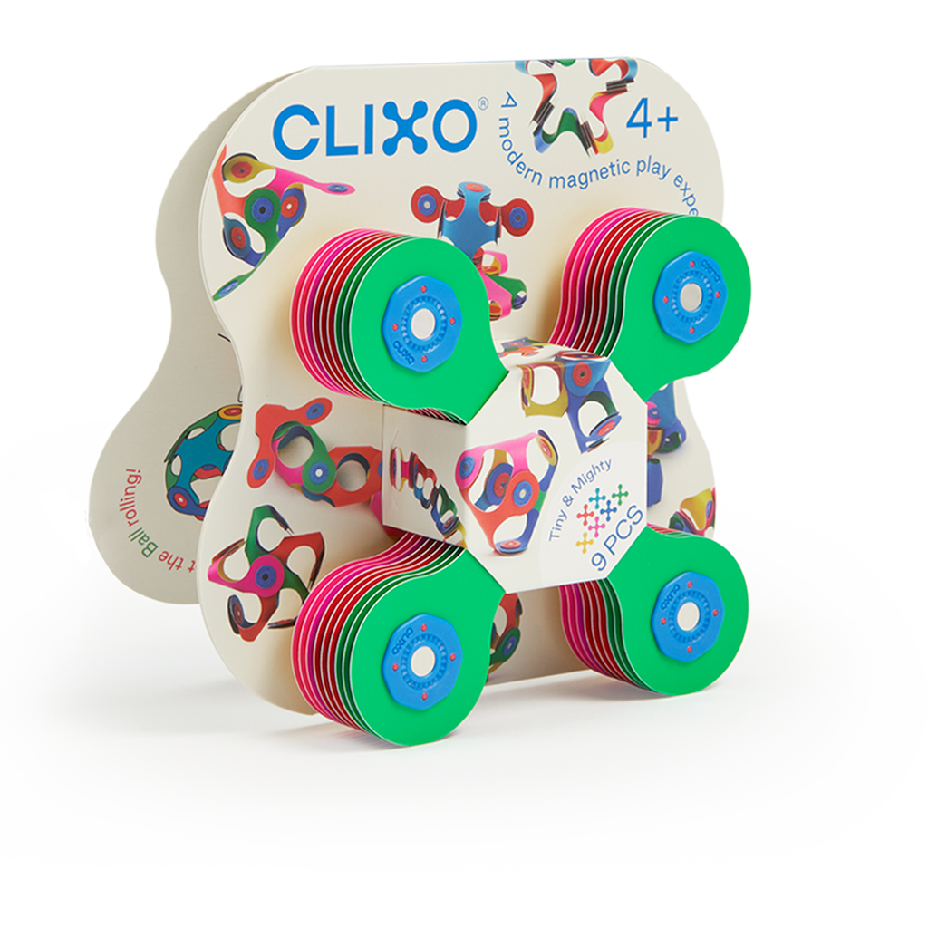 Magnetic toy set packaging with colorful geometric shapes and a modern design. The text highlights "Clixo" and states it's for ages 4 and up.