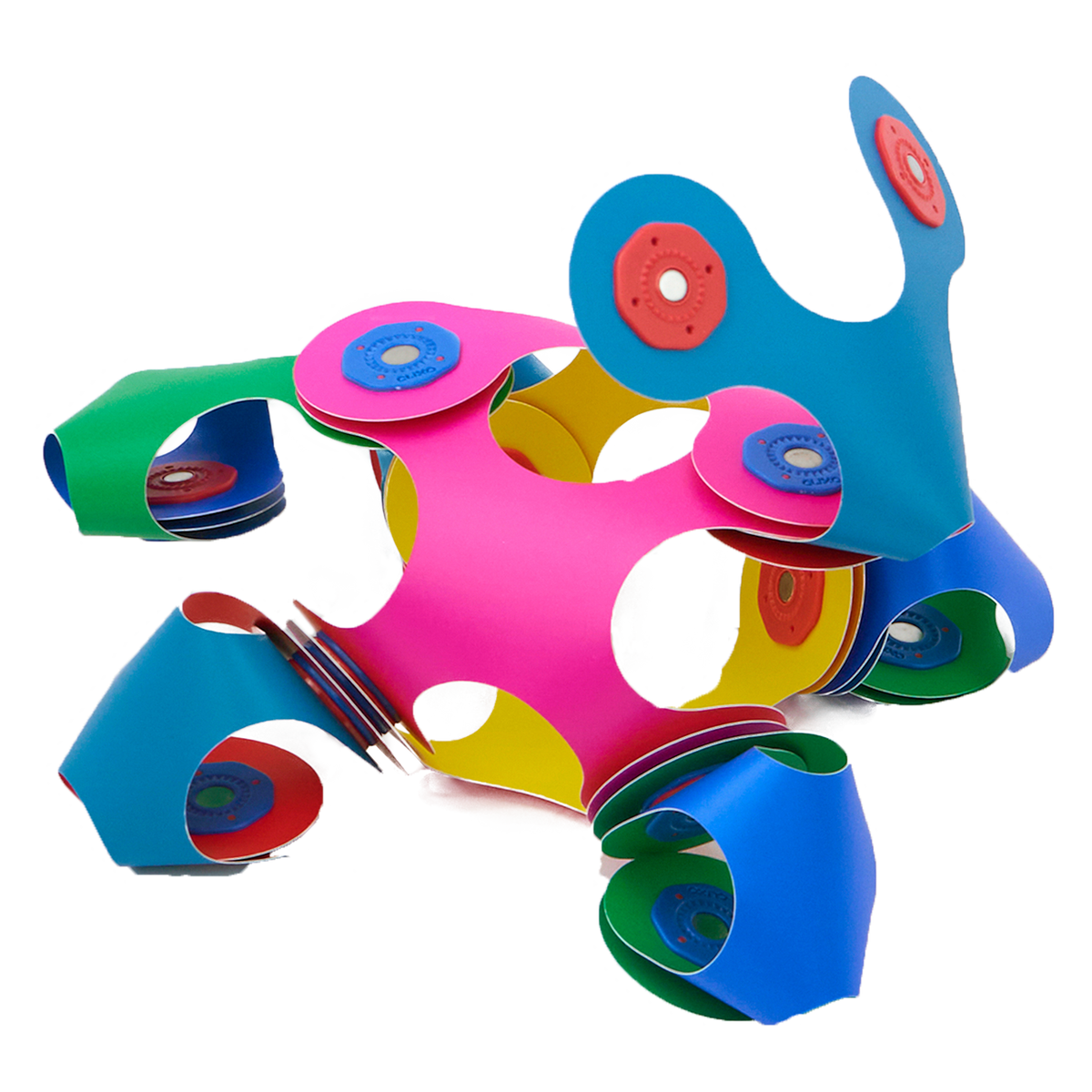 Colorful, flexible magnetic toy pieces connected into a 3D structure on a black background.