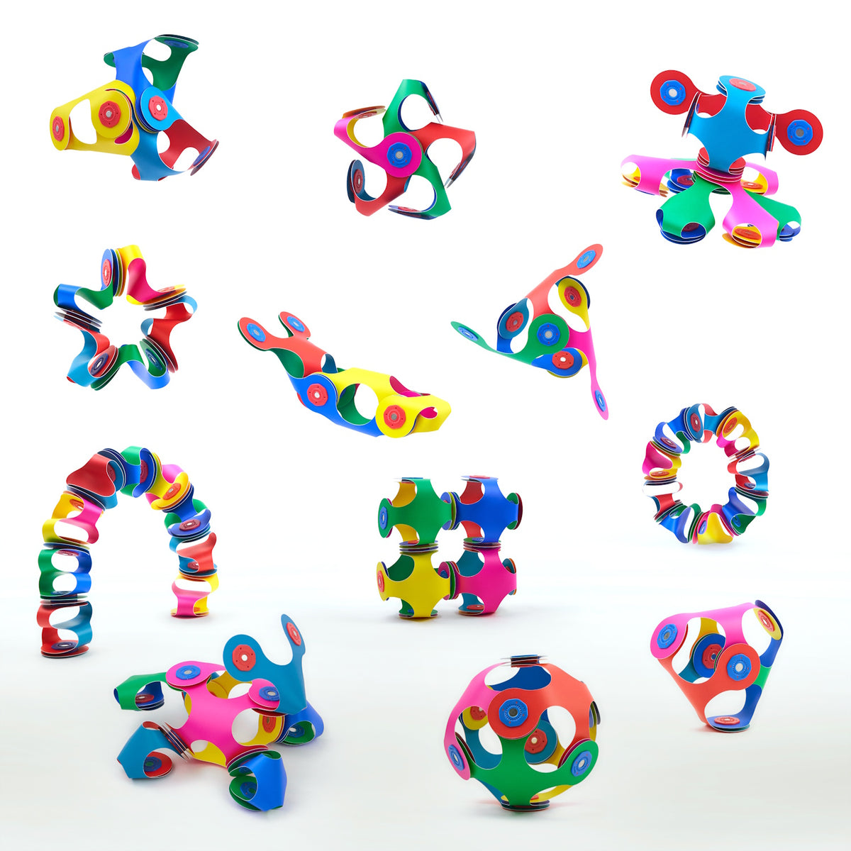 Various colourful 3D shapes and figures built using Clixo magnetic pieces, arranged on a white background.