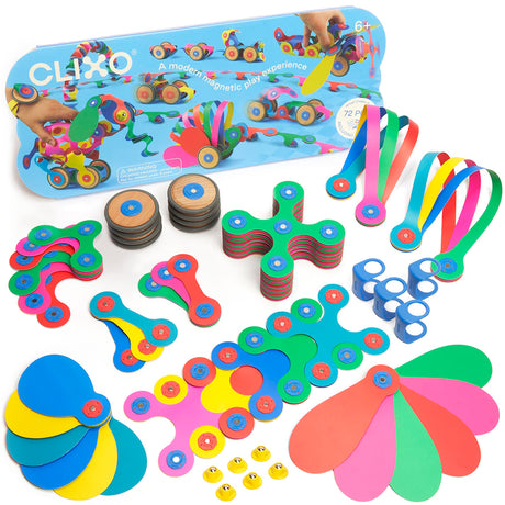 Clixo Wheel Creator Pack box next to neatly arranged colorful magnetic building pieces, wheels, and parts.