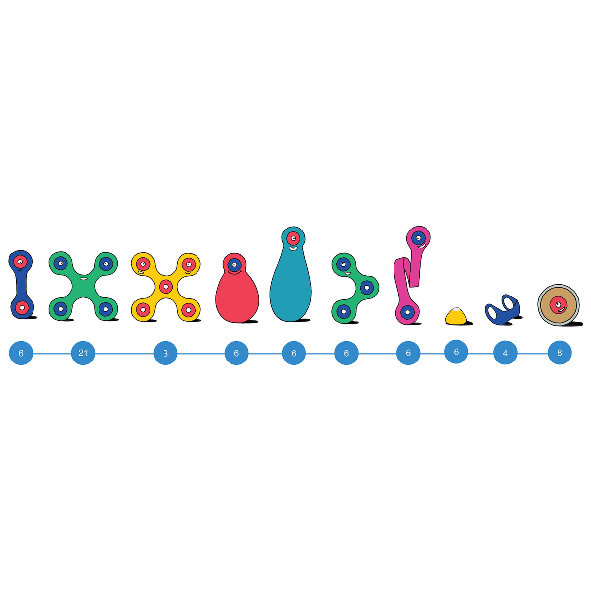 Illustration of various colorful magnetic toy piece shapes and wheels with numbers below each showing set counts.