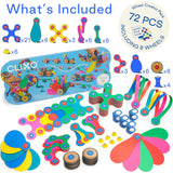 A graphic displaying "What's Included" in the Clixo Wheel Creator 72-piece pack alongside the box and colorful components.