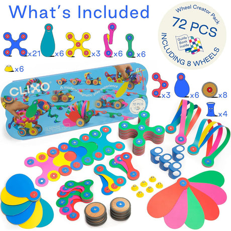 A graphic displaying "What's Included" in the Clixo Wheel Creator 72-piece pack alongside the box and colorful components.