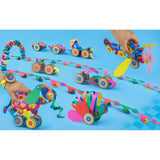 Colorful magnetic toy creations with wheels, including vehicles, an airplane, and an elephant, on a blue background.