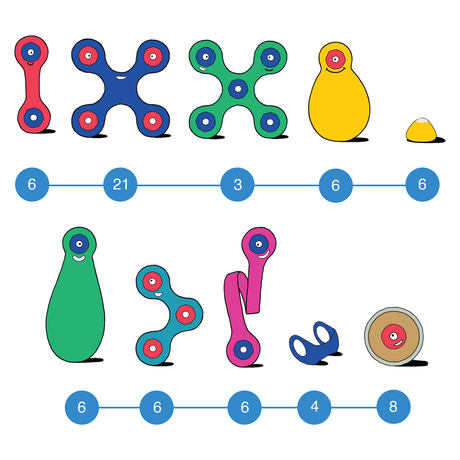 Illustrated grid of Clixo toy pieces in various shapes and colors with numbers underneath showing piece counts.