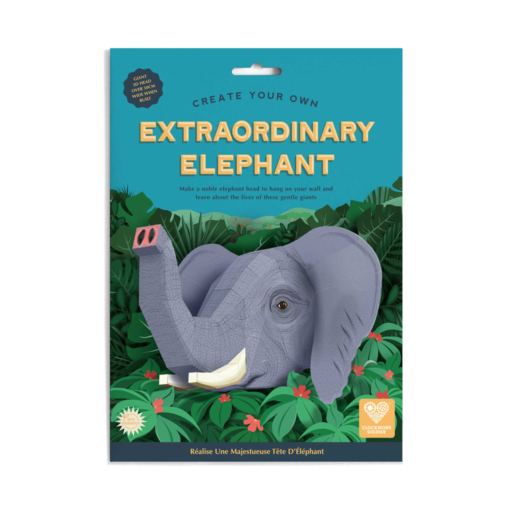 A 3D craft kit cover with a paper elephant head against lush green foliage. Bold text reads "Extraordinary Elephant" on a teal background, evoking creativity.