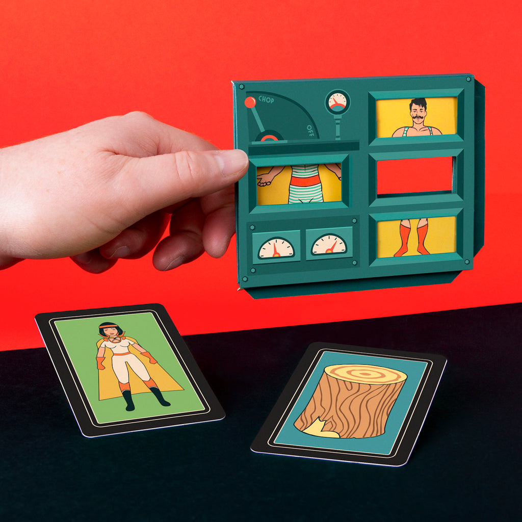 A hand holds a card with cutouts resembling a control panel, revealing parts of a superhero illustration. Two other cards show a superhero and a log on a black and red background. The tone is playful and colorful.
