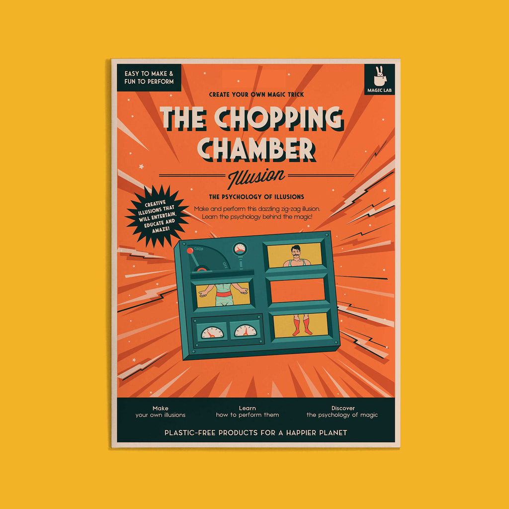 Poster titled "The Chopping Chamber" features an illusion graphic with a segmented figure in a box. Bold orange and teal colors convey excitement.