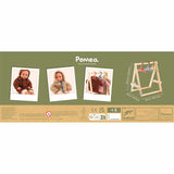 Djeco Pomea Collection wooden doll clothes rack with colorful hangers and baby doll accessory photos.