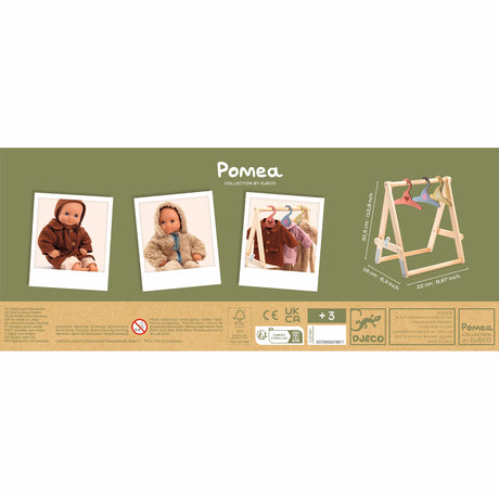 Djeco Pomea Collection wooden doll clothes rack with colorful hangers and baby doll accessory photos.