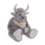 Plush grey mythical creature toy sitting down, featuring curved horns, a light grey beard, and large paws.