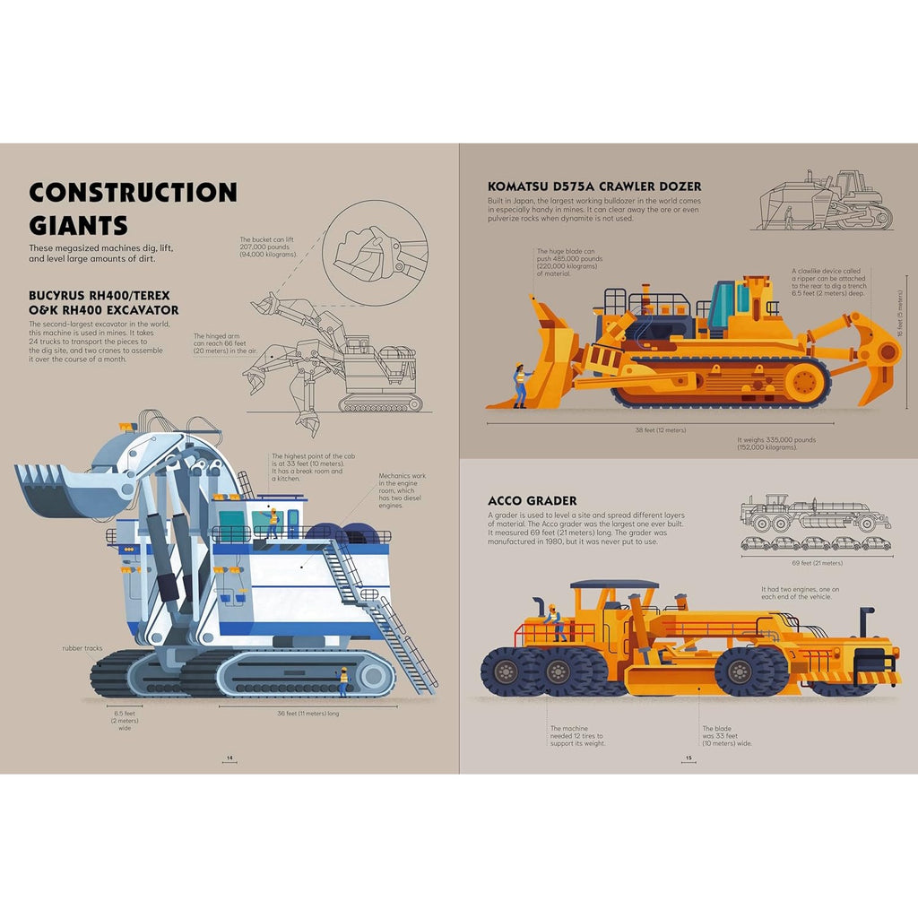 An exciting and visually stunning book showcasing some of the largest, most powerful vehicles ever created, from construction machinery to colossal trucks, with detailed illustrations and fun facts.