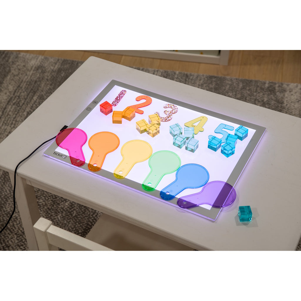 A medium-sized LED panel with adjustable color-changing lights, perfect for sensory exploration, color mixing, and visual learning activities.