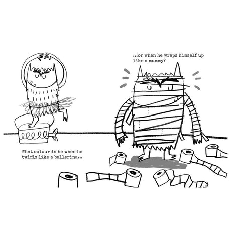 A black and white coloring page of the Color Monster twirling like a ballerina and wrapped in toilet paper like a mummy.
