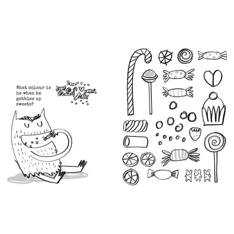 The Color Monster eating candy illustration from a children's activity book with various sweets to color.