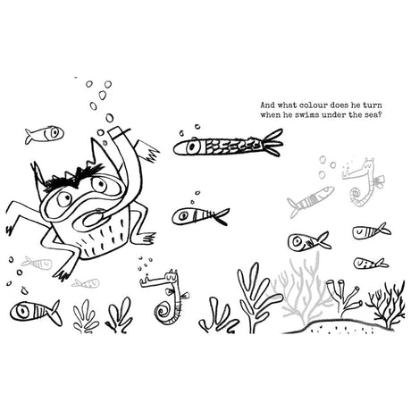 A black and white line drawing of the Color Monster snorkeling underwater with fish, seahorses, and coral reef plants.