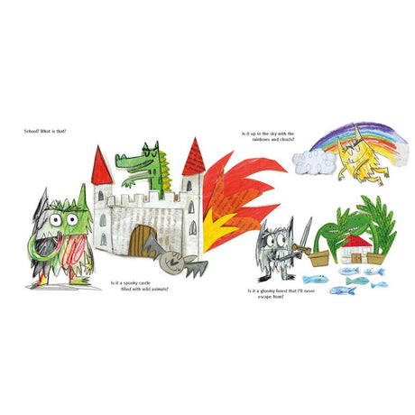 Illustration of Colour Monster imagining school as a spooky castle, a rainbow in the sky, and a gloomy forest.