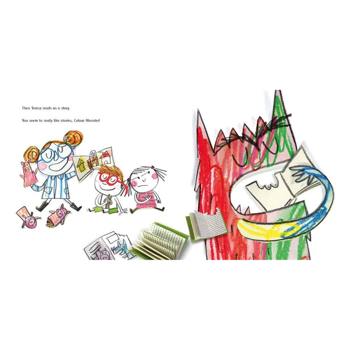 Illustration of children and a colorful monster reading books together from "The Colour Monster Goes to School."