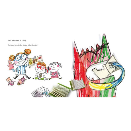 Illustration of children and a colorful monster reading books together from "The Colour Monster Goes to School."