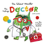 The Colour Monster Doctor book cover with a green monster in a lab coat, stethoscope, and medical toolkit.