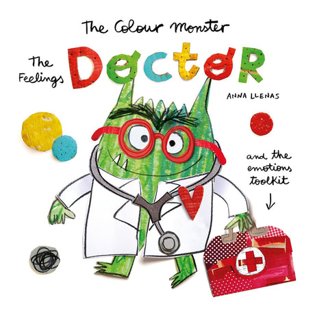 The Colour Monster Doctor book cover with a green monster in a lab coat, stethoscope, and medical toolkit.