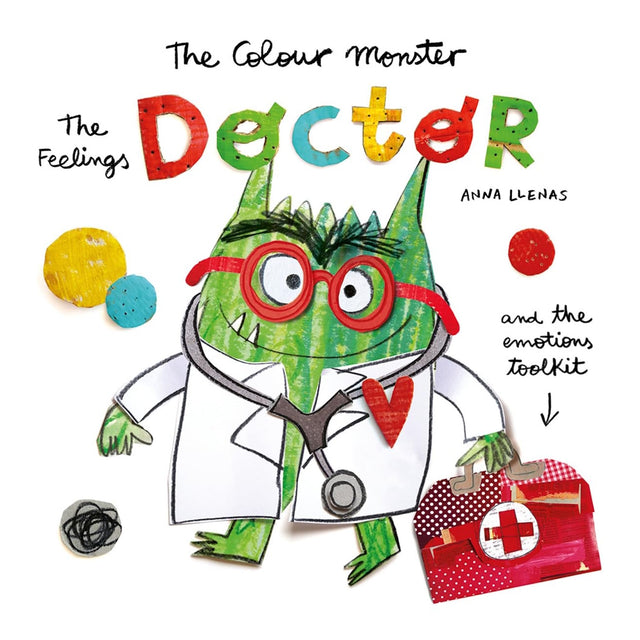 The Colour Monster Doctor book cover with a green monster in a lab coat, stethoscope, and medical toolkit.