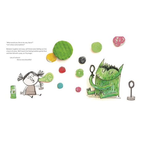 Illustration of the Colour Monster and a young girl blowing colorful feeling bubbles, with playful mixed-media art style.
