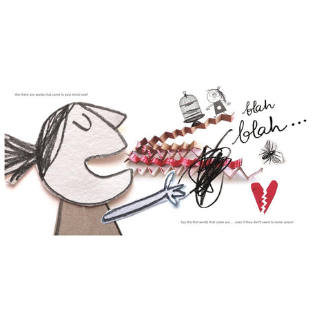 Illustration of The Colour Monster: The Feelings Doctor showing a girl expressing thoughts with scribbles and symbols.