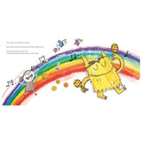 Illustration of a yellow monster and girl dancing on a rainbow with music notes, birds, and maracas.